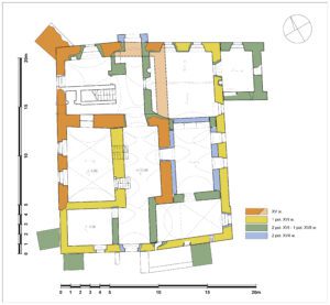 KOSTRZA - plan parteru dworu z rozwarstwieniem chronologicznym murów, oprac. P. Błoniewski, M. Chorowska
