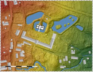 BĘDKOWICE, dwór z folwarkiem w otoczeniu wałów, stawów i fos na tle numerycznego modelu terenu, oprac. Piotr Błoniewski
