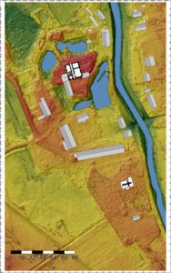 GNIEWKÓW, zamek z folwarkiem w otoczeniu wałów, stawów i fos na tle numerycznego modelu terenu, oprac. Piotr Błoniewski