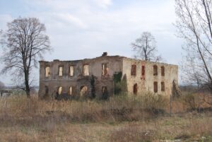 KOSTRZA, ruina dworu w widoku od strony dawnego folwarku (od pn.-zach.), fot. P. Błoniewski, 2012