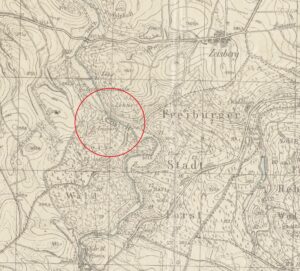 ZAMEK CISY, Messtischblatt z 1936 roku z zaznaczoną lokalizacją obiektu, oprac. Piotr Błoniewski