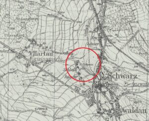 CZARNY BÓR, Messtischblatt z 1937 roku z zaznaczoną lokalizacją obiektu, oprac. Piotr Błoniewski