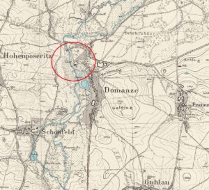 DOMANICE, Messtischblatt z 1937 roku z zaznaczoną lokalizacją obiektu, oprac. Piotr Błoniewski