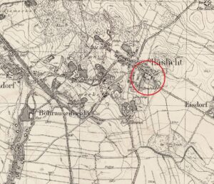 KOSTRZA, lokalizacja dworu i folwarku na wycinku niemieckiej mapy topograficznej (Meβtischblatt) z 1936 r., oprac. P. Błoniewski