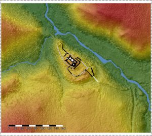 CISY, zamek w otoczeniu wałów i fos na numerycznym modelu terenu, oprac. Piotr Błoniewski