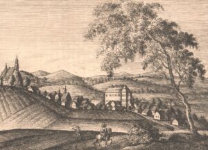 Panorama Rybnika z zamkiem przed 1776 r. – miedzioryt C.F. Stuckarta, przed 1819 r. (zbiory P. Siemko)