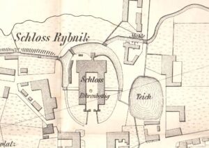 Fragment planu Rybnika z 1861 r., przedstawiającego rejon zamku z zachowaną wówczas częściowo fosą i stawem (F. Idzikowski)