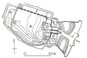 TOSZEK, plan zamku z naniesionym obwodem muru z XIV w.