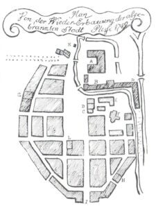 PSZCZYNA, plan miasta Pszczyny z 1749 roku z zaznaczonym trójskrzydłowym pałacem oraz otaczającą go fosą (nie zaznaczono budynków gospodarczych od strony południowej, być może zbudowanych po tej dacie)