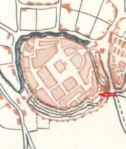 STRZELCE OPOLSKIE, plan miasta Strzelce Opolskie z 1750 roku sporządzony przez J.v. Furtenbacha; strzałka wskazuje usytuowanie zamku