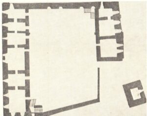 PSZCZYNA, plan gotyckiego zamku pszczyńskiego z zaznaczoną wieżą w narożniku południowo-wschodnim (rekonstrukcja I. Płazaka)