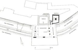 STRZELCE OPOLSKIE, zamek - plan II fazy zabudowy na tle obecnej zabudowy wg J. Romanowa