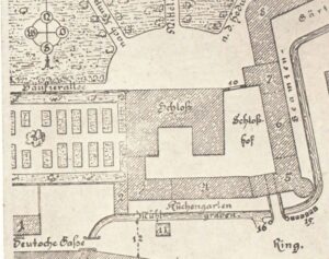 PSZCZYNA, plan otoczenia pałacu pszczyńskiego Zellera z początku XIX wieku z zachowaną fosą od wschodu i południa oraz budynkami gospodarczymi od południa (wg A. Oborny)