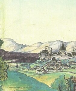 STRZELCE OPOLSKIE, fragment panoramy Strzelec Opolskich z 1537 roku z podróży palatyna Ottheinricha; widoczna zrujnowana wieża, budynek zamkowy i prawdopodobnie druga wieża