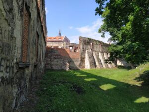 STRZELCE OPOLSKIE, ruiny zamku od strony płd.-wsch.; płd.-wsch. mur obwodowy – po jego lewej stronie wzniesiono wieżę II, 2023 (fot. P. Siemko)
