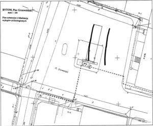 BYTOM, plan wykopu archeologicznego z 2018 r. na pl. Grunwaldzkim (wg Noparlik s.199)