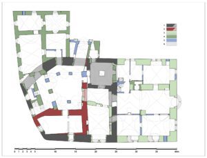 DOMANICE - plan parteru zamku z rozwarstwieniem chronologicznym murów, wg (CEMPA 1989) oprac. P. Błoniewski, M. Chorowska: 1. - mury z 4 ćwierci XIII w., 2. – mury z XIV-XV w., 3. – mury z 2 poł. XVI w., 4 – mury z 1 poł. XVII w., 5. – mury z okresu po 1763 r., 6. – lata 20.=30. XIX w.