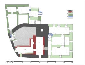 DOMANICE - plan piwnic zamkowych z rozwarstwieniem chronologicznym murów, wg (CEMPA 1989) oprac. P. Błoniewski, M. Chorowska: 1. - mury z 4 ćwierci XIII w., 2. – mury z XIV-XV w., 3. – mury z 2 poł. XVI w., 4 – mury z 1 poł. XVII w., 5. – mury z okresu po 1763 r., 6. – lata 20.=30. XIX w.