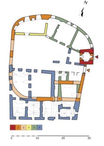 PANKÓW, rozwarstwienie chronologiczne murów zamku na poziomie przyziemia i piwnic, oprac. M. Chorowska, rys. M. Noszczyk: 1 – mury wieży z 2 poł. XIV w., 2 – zachowane mury z XV w. 3 – rekonstruowane mury z XV w., 4 – mury z 1 poł. XVI w., 5 – mury z 2 poł. XVI w., 6 – mury z końca XVII w.