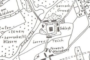 SŁAWIĘCICE, fragment mapy dóbr sławięcickich sporządzonej w latach 1788-1790 przez Geschkego i Roenischa przedstawiającej usytuowanie zamku otoczonego fosą