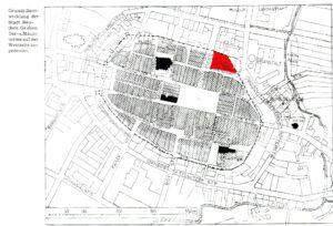 BYTOM, plan umocnień Bytomia wg K. Bimlera, który oznaczył miejsce zamku określeniem Burggelende; na czerwono oznaczono faktyczne usytuowanie zamku (Bimler)