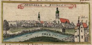 CHAŁUPKI, Panorama Bogumina (Bohumina) z zamkiem, po 1735 r. (F.B. Werner – Topographia…)