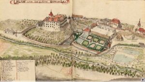 DOMANICE - Widok zamku na skarpie rzecznej, na kolorowanym rysunku F.B. Wernera z ok. poł. XVIII w. W dolinie Bystrzycy, na płd.-wsch. od zamku rozciągał się barokowy ogród z fontanną i stawem