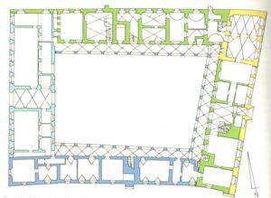 KRAPKOWICE, plan zamku – kolorem żółtym oznaczono najstarsze zachowane części budowli ( wg KZS z uzupełnieniami U. Bereś)