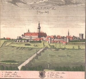 KRAPKOWICE, panorama Krapkowic z zamkiem od strony Odry – F.B. Werner – Scenographia Urbium Silesiae 1738 (zb. P. Siemko)
