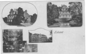 ŁABĘDY, pocztówka przedstawiająca nowy zamek (u góry) i stary zamek