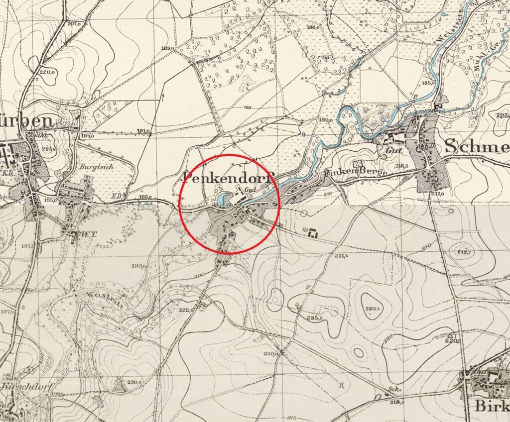 Panków, lokalizacja dworu i folwarku na wycinku niemieckiej mapy topograficznej (Meβtischblatt) z 1937 r., oprac. P. Błoniewski