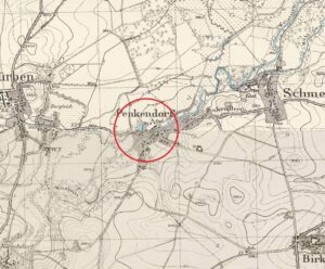 Panków, lokalizacja dworu i folwarku na wycinku niemieckiej mapy topograficznej (Meβtischblatt) z 1937 r., oprac. P. Błoniewski