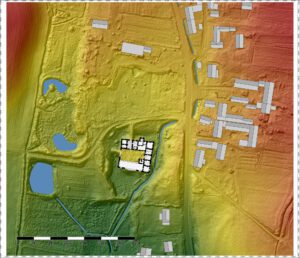 SŁUPICE, plan zamku na numerycznym modelu terenu; zbliżenie, oprac. Piotr Błoniewski