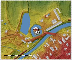PANKÓW, zamek w otoczeniu fosy, wałów i folwarku na numerycznym modelu teren