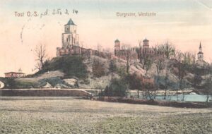 TOSZEK, widok ruin zamku od zach. (pocztówka, 1914, zb. P. Siemko)