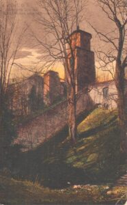 TOSZEK, widok ruin zamku - budynku bramnego z fosy od płn.wsch. (pocztówka, 1921, zb. P. Siemko