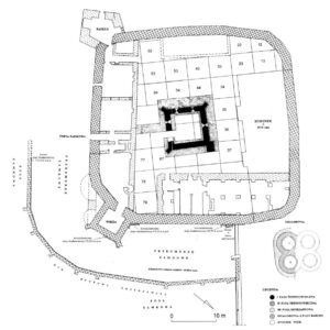 KOŹLE, Plan odkryć obiektów na zamku w Koźlu dokonane w latach 2003-2005, wg J. Romanowa