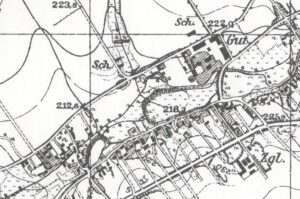 Fragment mapy (arkusz Jakobswalde 5776) sporządzonej w 1883 r. zaktualizowana ok. 1940 r.; Gut – miejsce położenia dworu (zb. P. Siemko