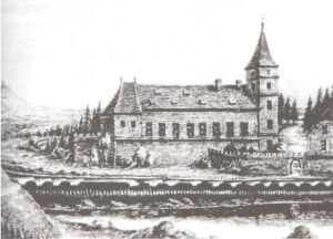 KOŹLE, Widok zamku z basztą według stanu w XIX wieku - wg litografii z XIX wieku