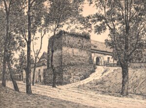 KOŹLE, Brama na przedzamczu z kaponierą (rys. tuszem Hansa Bimlera z 1919 r. zb. P. Siemko)