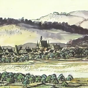 KOŹLE, Fragment panoramy Koźla powstałej w czasie podróży palatyna Ottheinricha w 1536 roku - budynek z wysokim dachem i wieżyczkami w narożach to być może pierwotna wieża mieszkalna