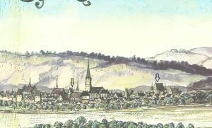 KOŹLE, Większy fragment tej samej panoramy - przy takim ujęcie w stosunku do kościoła parafialnego zamek powinien być niewidoczny, a miasto powinno się kończyć przy kościele, bo ten stał przy murze miejskim – rysownik zastosował prawdopodobnie rozcięcie panoramy