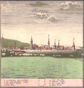 KOŹLE, F. B. Werner -panorama Koźla od południowego-zachodu – (Scenographia Urbium Silesiae, 1738 zb. P. Siemko)