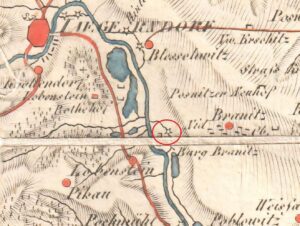 BRANICE, arkusz mapy obejmującej okolice od Rybnika po Głubczyce – fragment z zaznaczonym zamkiem w Branicach – Burg Branitz (zb.P. Siemko)