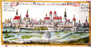 KOŹLE, F. B. Werner - panorama Koźla od strony Krapkowic (od północnego-zachodu) - zamek widoczny pomiędzy ratuszem (z baniastym hełmem) a kościołem parafialnym (Topographia seu Compendium Silesiae)