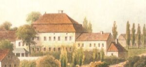 KAMIENIEC, pałac Löwencronów z mansardowym dachem z przylegającym do niego od wschodu południowym skrzydłem starego zamku (z albumu A. Dunckera zb. P. Siemko)