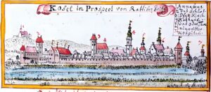 KOŹLE, F. B. Werner - panorama Koźla od strony Raciborza (od południa) - zamek po lewej stronie oznaczony cyfrą 2 (Topographia seu Compendium Silesiae)