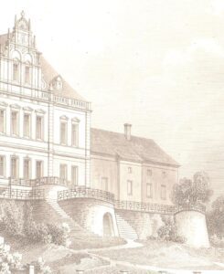 KAMIENIEC, projekt C. Lüdeckego przebudowy pałacu Löwencronów z przyległym do niego południowym skrzydłem starego zamku – fragment widoku (Arch. Skizzenbuch, Berlin, Jhg 1882 H. VI, zb. P. Siemko)