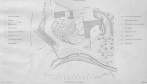 BRANICE, plan otoczenia dawnego zamku z zachowaną od strony płd.-wsch. fosą zamkową (Wallgraben) (ZfB 1872, zb.P. Siemko)