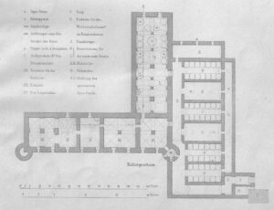 BRANICE, plan browaru, dawnego zamku; rzut piwnic – w skrzydle wsch. dawny dom zamkowy zaznaczono sklepienia krzyżowe, kolebkowe i gwiaździste oraz lodownia i pomieszczenia do leżakowania piwa urządzone w dawnej fosie (ZfB 1872, zb.P. Siemko)